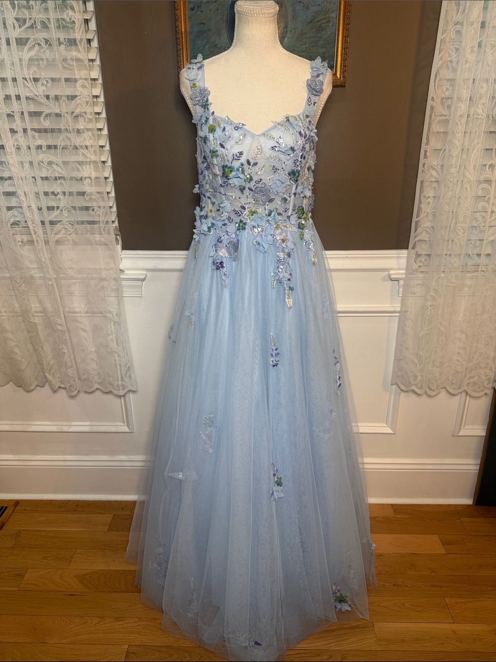 JJ’s House Sky Blue 3D Floral Beaded Tulle Formal Gown Size 10 NWT